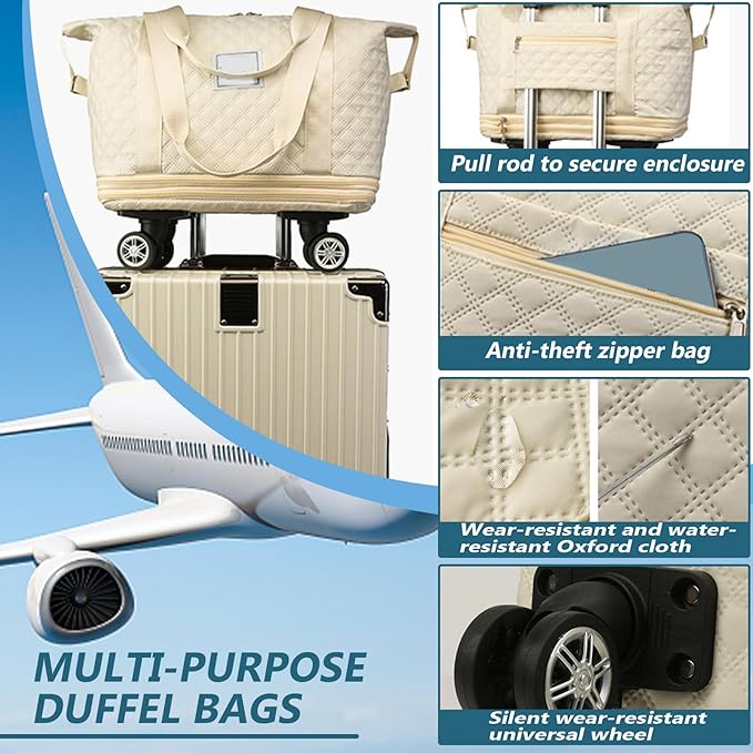 Rolling Duffle Bag with Wheels and Handle, Expandable Foldable Luggage Bag Beige