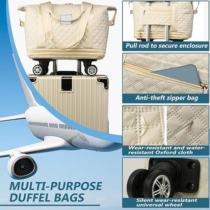 Rolling Duffle Bag with Wheels and Handle, Expandable Foldable Luggage Bag Beige