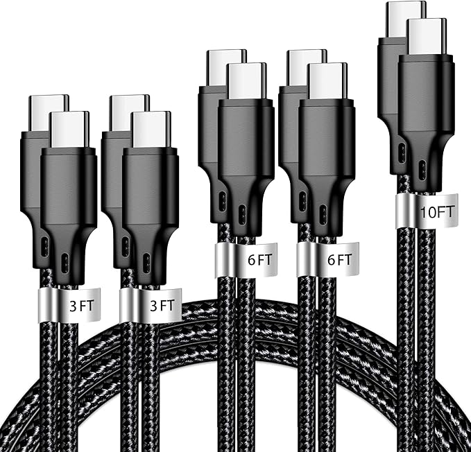 USB C to USB C Charger Cable, 5 Pack [3/3/6/6/10ft] Type C Fast Charging Cord High Data & Transfer Wire Compatible for iPhone 17/16/15 Plus/Pro Max iPad Pro Air Ps5 Controller Samsung Galaxy(Black)