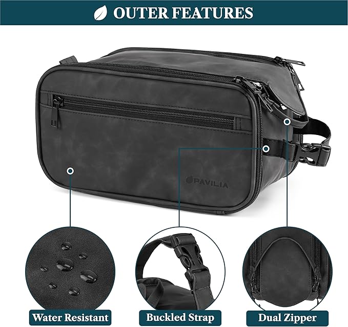PAVILIA Toiletry Bag for Men Women, Mens Travel Bag Toiletries Organizer Case for Grooming, Travel Essentials Shaving Dopp Kit, PU Leather Water Resistant Cosmetic Pouch, Black