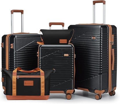Luggage Sets 3 Piece, Hard Shell Carry on Suitcase with Spinner Wheels and TSA Lock, Travel Lightweight Luggage Set with YKK Zippers (Black, 5 piece sets（20/24/28/DB/TB)