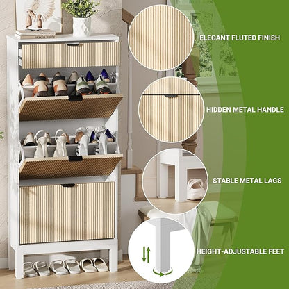 GAOMON Shoe Cabinet with 3 Flip Drawers, Entryway Cabinet with Adjustable Shelves, Accommodate 12 to 18 Pair of Shoes, Space-Saving Slim Shoe Cabinet for Entryway, Hallway, Front Door, White Oak