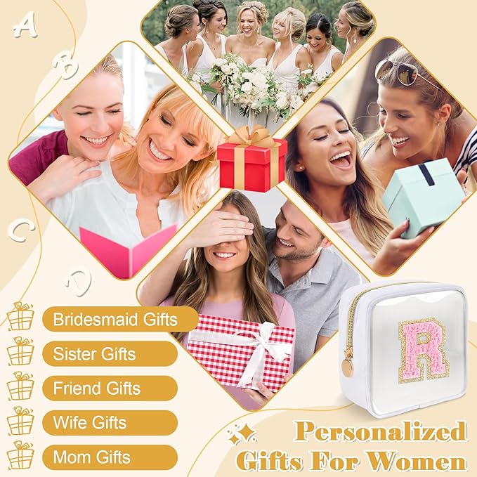 Personalized Initial Letter Clear Preppy Makeup Bag,Mini Nylon Chenille Letter Cosmetic Bag Cute Zipper Pouch Purse for Teen Girls,Portable TSA Approved Beach Travel Essentials Bag Gift for Women,R
