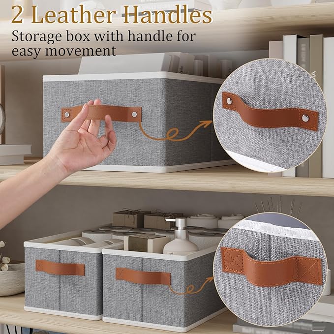OUTBROS Storage Bins, Foldable Baskets for Organizing, Fabric Boxes With Handles, For bedrooms, living rooms, Shelves, Grey, 15 x 6.1 x 5.1 inch, 6-Pack