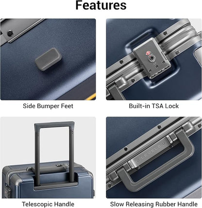 LEVEL8 Carry On Luggage Airline Approved Zipperless with Aluminum Frame, Hard Case Luggage with Spinner Wheels, Metal Travel Suitcase with Packing Organizers, 20 Inch, Blue