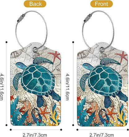 2Pack Luggage Tags for Suitcases, Cute Unique Pu Leather Cruise Luggage Tag with Privacy Cover ID Label Address Card and Metal Ring Suitable for Women Men Kids Travel Bag Retro Map Turtle