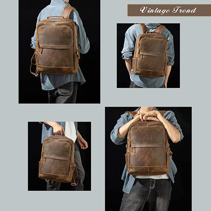 Vintage Genuine Leather 14 Inch Laptop Backpack,Hiking Travel Bag Anti Theft Camping Daypack