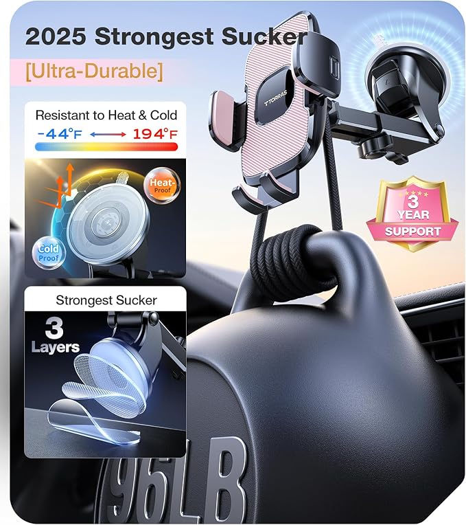 TORRAS Pink Phone Holders for Your Car【Ultra-Durable & Strongest Suction】, Universal Car Phone Holder Mount Truck Cradle Stand for Dashboard Windshield Vent, Pink Car Accessories