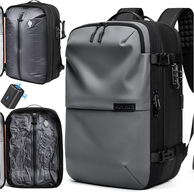 AirVault Vacuum Seal Travel Backpack 60L with Expandable Vortex Air Compression Vacuum System Water Resistant TSA Lock (Vacuum Pump Included, Gray, 60L)