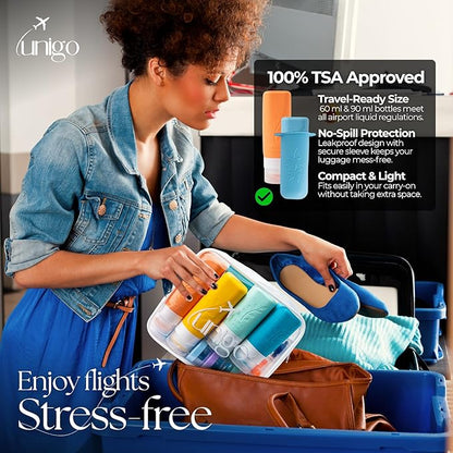Unigo 30-Pack Full Set Multicolor B Travel Bottles, Refillable Leakproof Travel Shampoo and Conditioner Bottles, Toiletry Containers, Extra Bottle Sleeves (B Set) for Traveling