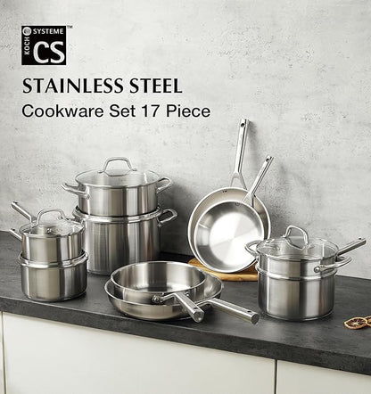 KOCH SYSTEME CS Stainless Steel Cookware Set 17 Piece, Professional 18/10 Stianless Steel Pots and Pans Set, 5-Layer Base, Oven & Induction Safe, Non-Toxic Kitchen Cookware Set for Family Cooking