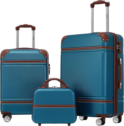 Merax Luggage Set, 2 Piece Luggage with Cosmetic Case, Vintage Hardcase Suitcase with Wheels, Expandable Luggage Airline Approved(Blue,20"+24")