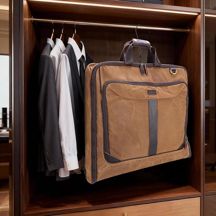 Polare Waxed Canvas Full Grain Leather Trim Garment Carry on Bag for Business Travel, Waterproof Hanging Suit Luggage Bag Wrinkle-Free Suit Cover with YKK Zipper and Shoulder Strap