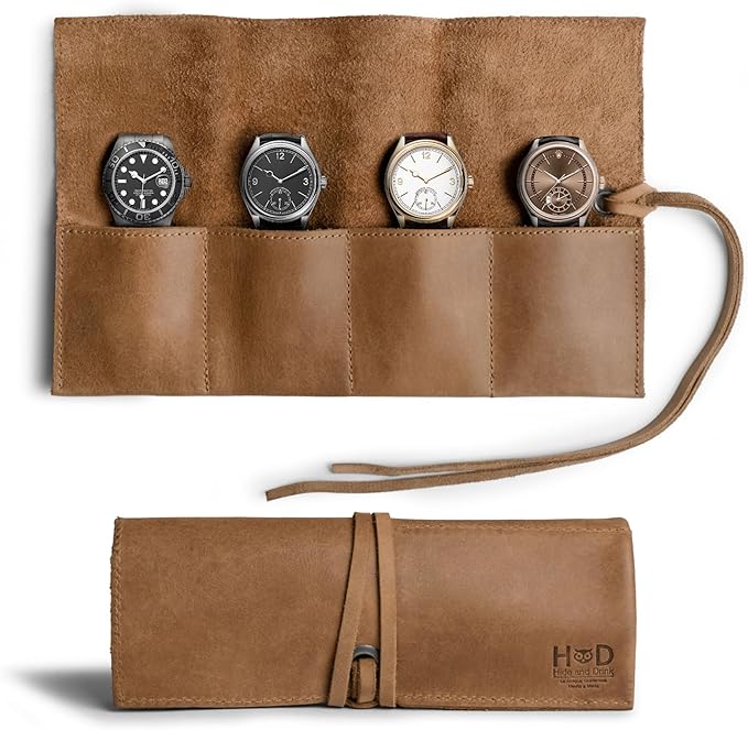 Hide & Drink, Leather Watch Roll Organizer Handmade from Full Grain Leather, Holds Up to 4 Watches, Easy Carry On Watchlover Storage (Single Malt Mahogany)