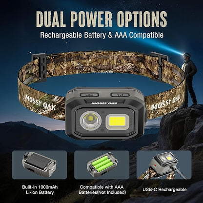 Mossy Oak 600 Lumens LED Headlamp, Dual Power Source, Motion Sensor Head Lamp with Magnetic Base, Stepless Dimming, Memory Mode for Camping, Running, Hiking, Christmas Gifts
