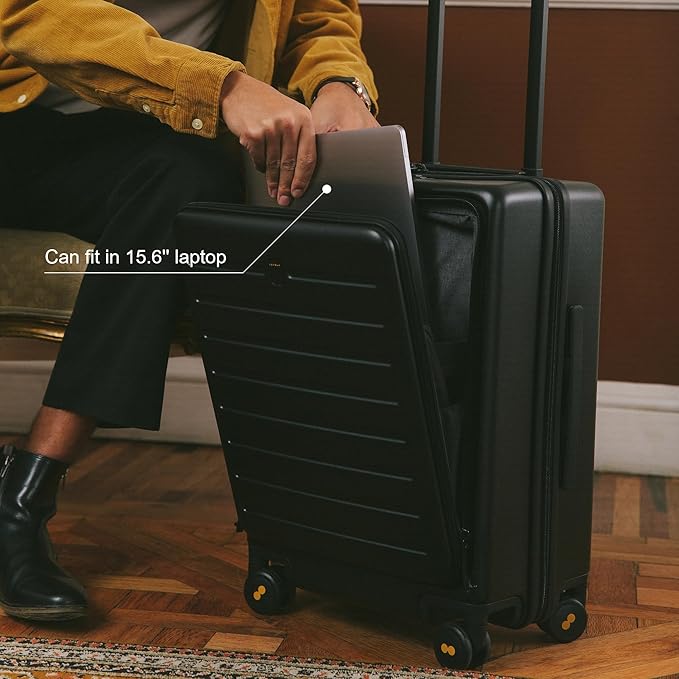 LEVEL8 Carry On Luggage with Compartment, 20 Inch Lightweight Hard Shell Rolling Suitcase with Wheels Airline Approved with Front Pocket, Double Tsa Locks, Black