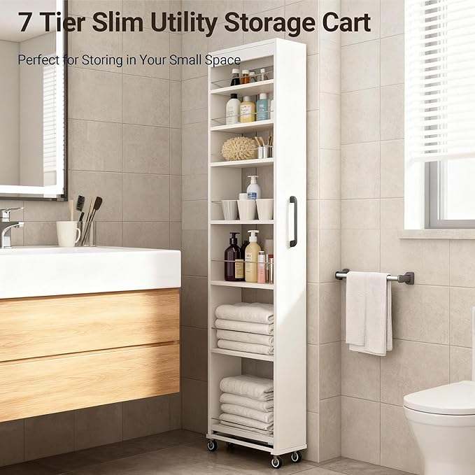 7-Tier Slim Storage Cart with Wheels, 7.9''W Pull Out Rolling Utility Cart, Mobile Shelving Unit Organizer with Handle, Narrow Multi-Functional Open Shelf for Kitchen, Bathroom, Laundry Room