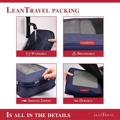 LeanTravel Compression Packing Cubes for Travel Organizers with Double Zipper (6-Pack (2L+2M+2S), Navy)