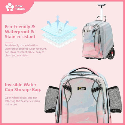 NEW TILAMI 20" Rolling Backpack for Teens Adults, Climbing Stairs Waterproof Backpack with Wheels for School Business Trave Camping with Laptop Compartment, Fit 17 Inch Laptop, Pink Dawn
