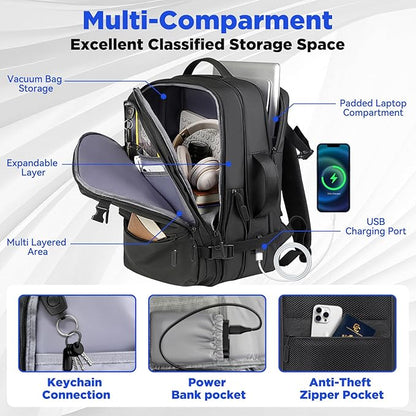 TNELTUEB Vacuum Backpack Travel-Expandable Vacpack Backpack with 3 Compression Bags and Manual Pump, Waterproof & Laptop Compartment(Fits 17"), Carry-on Luggage Backpacks for Flight/Business, Black