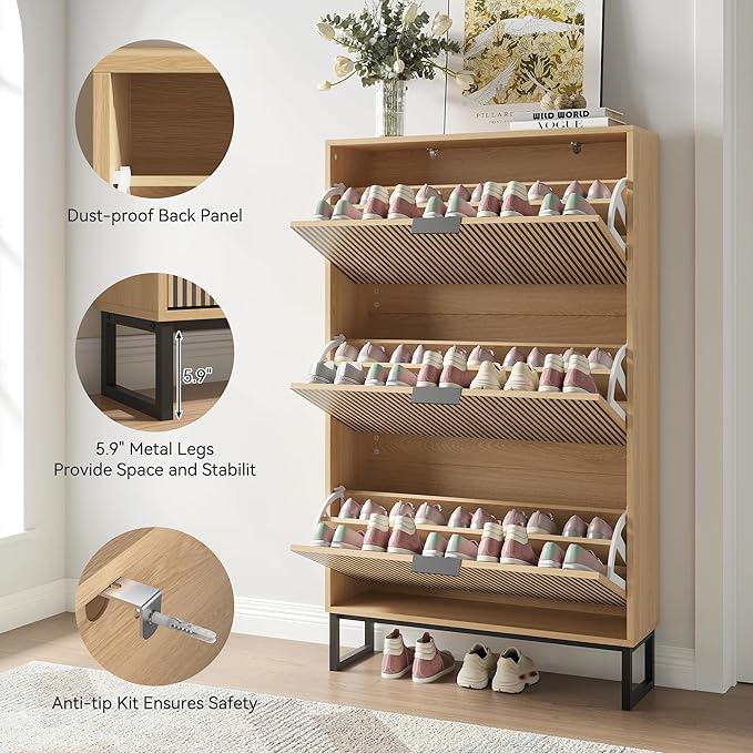 Shoe Cabinet with 3 Flip Drawers, Narrow Wood Shoe Cabinet Storage for Entryway, Freestanding Hidden Shoe Organizer Rack Cabinet for Hallway