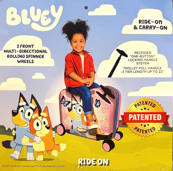 Fast Forward Ride-On 18" Suitcase For Kids/Tow-Along Toddler Carry-On Luggage With Wheels (Bluey Girls)