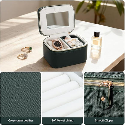 DesignSter Travel Jewelry Case,Small Jewelry Box with Mirror,Leather Material Travel Jewelry Case Organizer, Portable Jewelry Organizer with Zipper(Black)