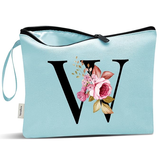 Vavabox A-Z Personalized Makeup Bag, Birthday Gifts for Women Mom, Gifts for Best Friend, Bride Bridesmaid Cosmetic bag (W, Green)