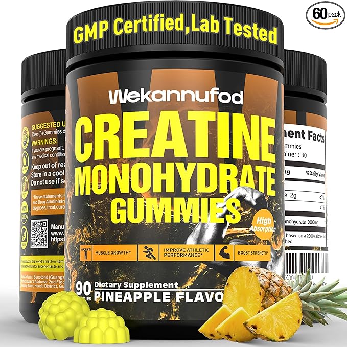 Creatine Monohydrate Gummies for Men & Women - 5,000mg Sugar-Free Creatine Supplement - Exclusive Soft Texture Technology, Non-GMO, (Pineapple - 90 Ct)