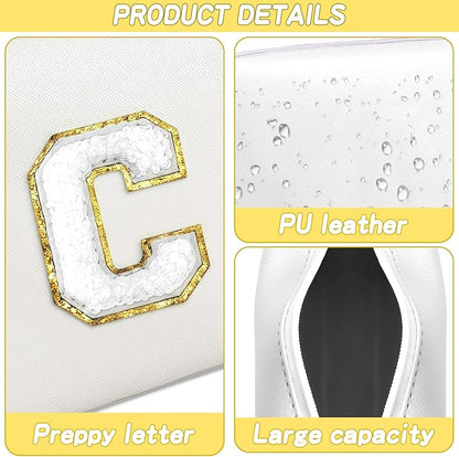 Gifts for Girls Initial Makeup Bag Personalized Cosmetic Bag with Zipper Cute Travel Toiletry Bags Waterproof PU Preppy Makeup Pouch Birthday Gift for Teen Girls Women(White C)