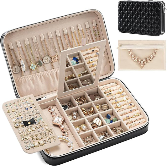 Lolalet Travel Jewelry Case for Women Girls, Travel Jewelry Organizer Box with Mirror & Clear Storage Bag, Small Portable Earring Necklace Bracelet Ring Case, Birthday Christmas Gifts -Large, Black