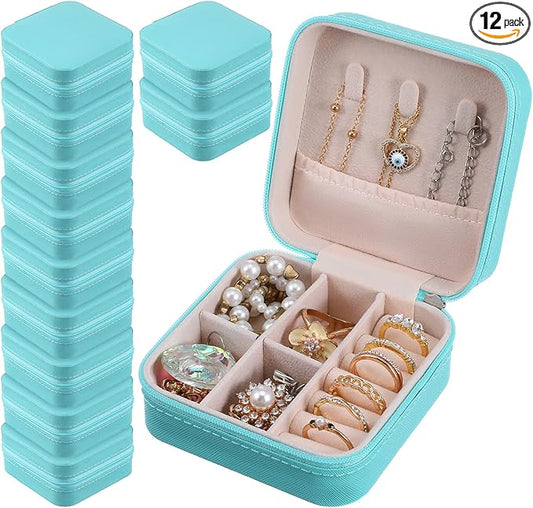 12 Pack Small Jewelry Boxes for Travel, Blue PU Leather Mini Jewelry Organizer Case with Removable Dividers, Bridesmaid Proposal Gifts for Women