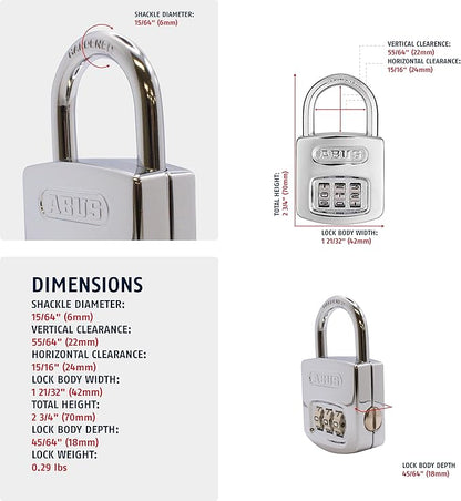 Abus 160/40 C 160 All Weather Resettable Chrome Combination Padlock, 3 Dial