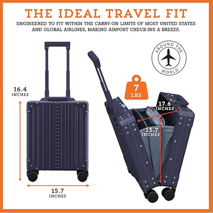 Aleon 16” Aluminum Vertical Underseat Carry-On Luggage - Luxury Business Briefcase with Wheels - Hardshell Suitcase for Airplane Travel (Sapphire)