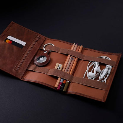 HARDISTON Custom Leather Electronic Organizer Roll – Personalized Cord Pouch for Travel Tech Accessories, USB Cables, Charger, Passport, SD Cards – Handmade Gift for All