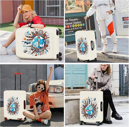 ANNA QUEEN Travel Around the World Luggage Cover, Colorful Landmark Suitcase Protector with Airplane & Globe Design, Stretchable, Washable Travel Sleeve for 20-22 Inch Luggage