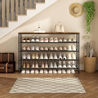 SUOERNUO Shoe Rack 5 Tier Shoe Storage Organizer Metal Mesh Shelves with MDF Top Board for Entryway, Hallway, Closet,Bedroom，Living Room (Black+Rustic Brown, Large 5 Tier)