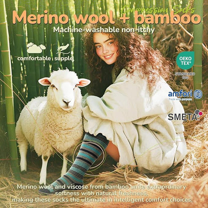 Merino Wool Compression Socks for Women Men, 15-20 mmHg Knee High Socks for Flying, Travel, Running