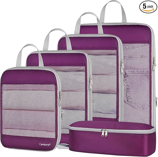 Cambond See Through Mesh Compression Packing Cubes for Suitcases - Packing Cubes for Travel Expandable Travel Essentials Compression Cubes for Carry on Suitcases with Underwear Bag 5 Set, Purple