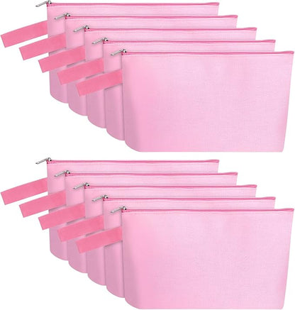 10 Pieces Cotton Canvas Makeup Bag with Bottom and Strap, Multi-Purpose Cosmetic Bag with Zipper Travel Toiletry Pouch, Blank DIY Craft Bag (Pink, S)