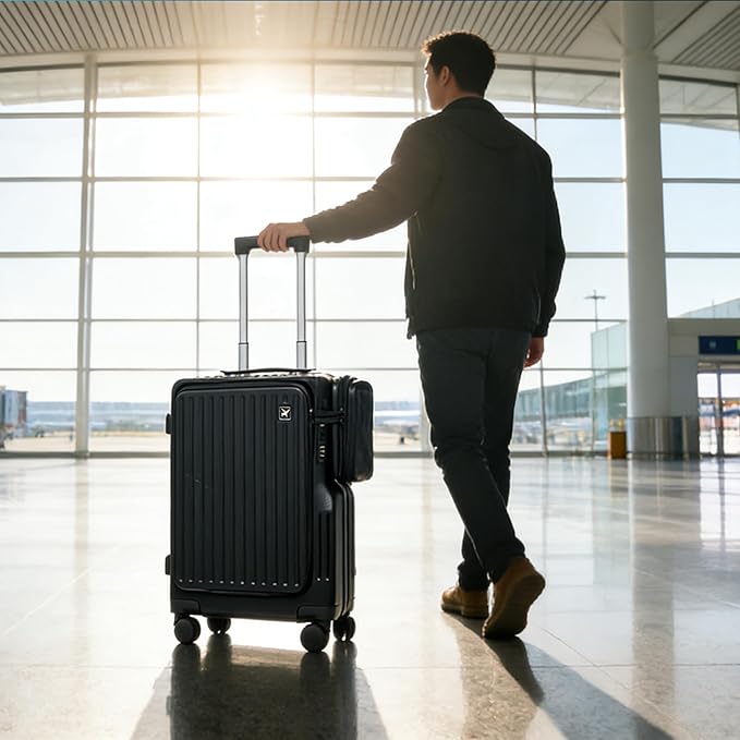 20-inch Front-Opening Aluminum Frame luggage - Spinner Wheels TSA Lock PC Material With External lD Bag Convenient And Fast, Suitcase for Business Travel & Short Trips (Black)