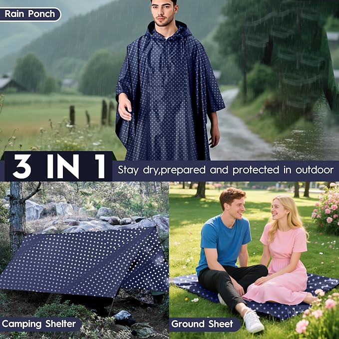 Bruvoalon 3-in-1 Rain Poncho with 1/4 Zip & Chest Pocket, Waterproof, Sunshade, Ground Mat for Adults & Youth Emergency