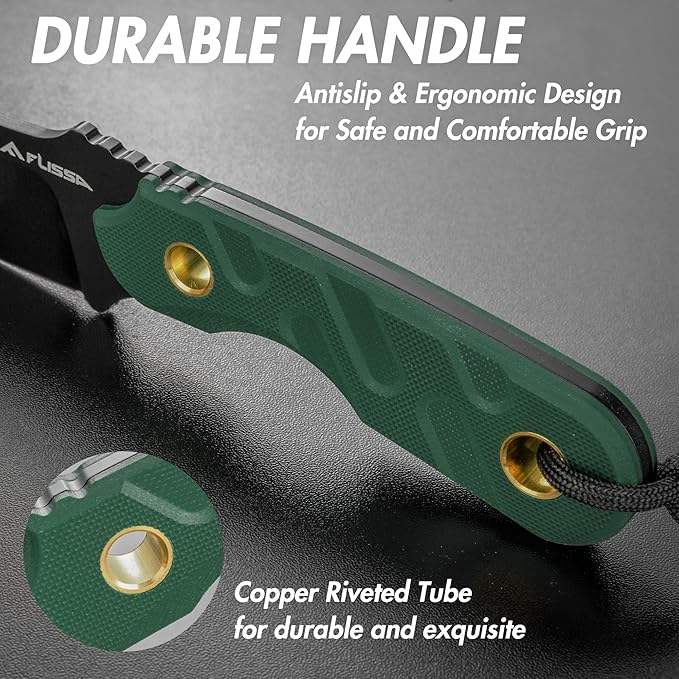 FLISSA Fixed Blade Knife, 7 Inch Full Tang Hunting Knife with G10 Handle, Kydex Sheath and Emergency Rope for Tactical, Survival, Camping, Hiking(Green)