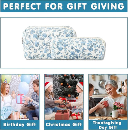 2Pcs Floral Makeup Bag for Women Cotton Quilted Small Coquette Cosmetic Bag Cute Zipper Blue Flower Makeup Pouch Aesthetic Portable Pencil Case Travel Toiletry Bag Trendy Cloth Skincare Bag