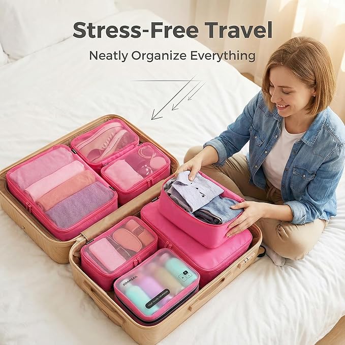 Compression Packing Cubes for Travel, 6-Piece Set (L/M/S), Double-Zip Luggage Organizers with Mesh Panels, Space-Saving Clothes Storage Bags for Suitcase & Carry-On (6 Pack, Rose Red)