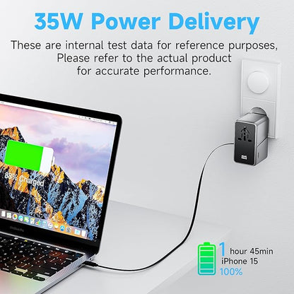Minthouz Universal Travel Adapter, International 35W Power Adapter GaN Fast Charger with 3 USB-C PD & Cable & 1 USB-A Ports, All-in-One Portable AC Power Plug Adapter for USA EU UK AUS and More