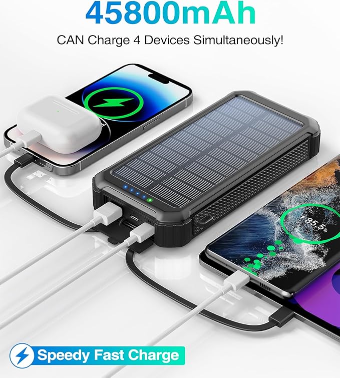 LATIMERIA 45800mAh Solar Charger Power Bank, Portable Phone Charger with 5V3.1A QC 3.0 Fast Charging, Solar Panel USB C in/Output for Cellphone, External Battery Pack with Dual Flashlights for Hiking