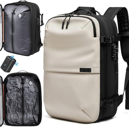 AirVault Vacuum Seal Travel Backpack 60L with Expandable Vortex Air Compression Vacuum System Water Resistant TSA Lock (Vacuum Pump Included, White, 60L)