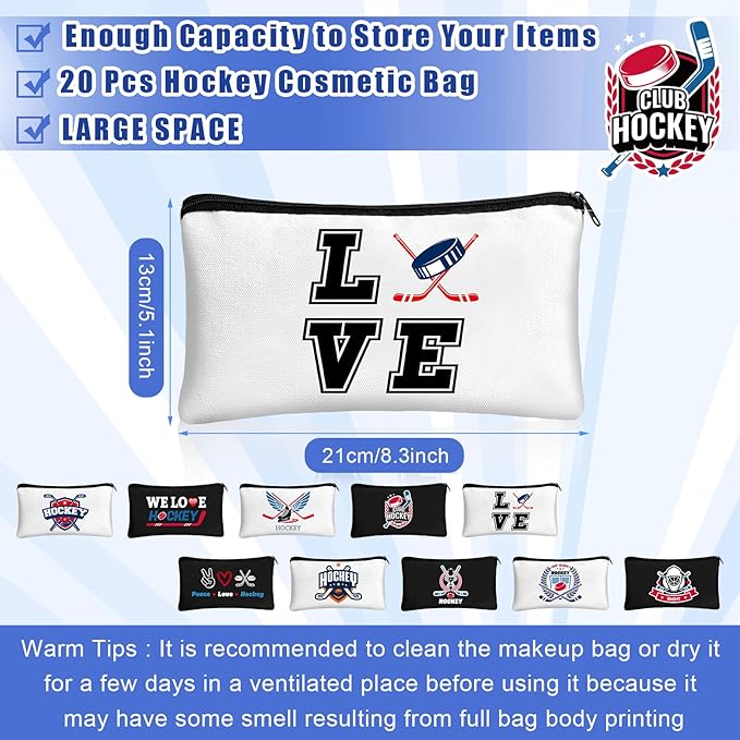 20 Pcs Christmas Hockey Gifts Inspirational Makeup Bag for Women Hockey Lovers Players Ice Gifts Bags Cosmetic Travel Pouch for Women Mom Athletics Birthday