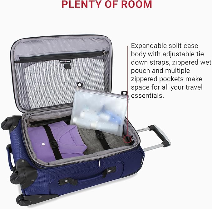 SwissGear Sion Softside Expandable Luggage – Carry-On Suitcase with 360 Degree Wheels & Retractable Handle – 21 Inch, Perfect for 1-3 Night Trips – Blue